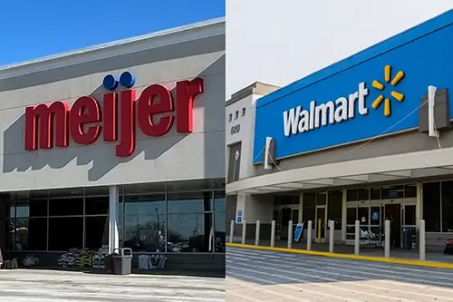 Meijer and Walmart store exteriors